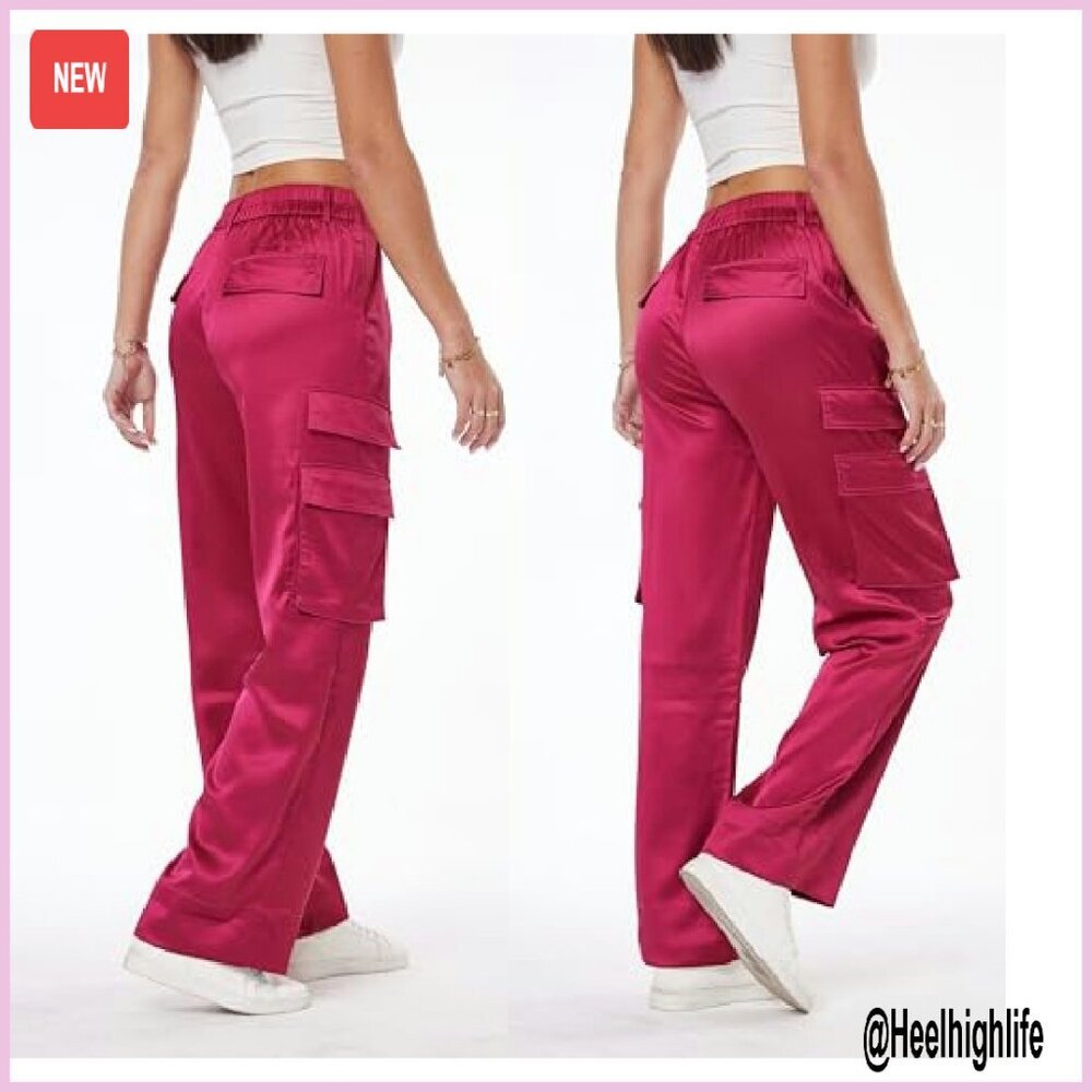 Satin Wide Leg Cargo Pants with Pockets High Waist Elastic - Picture 6 of 8